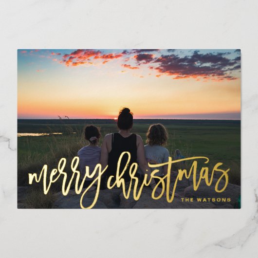 Gold Hand Geschreven kerstfoto Merry Folie Feestdagenkaart (Voorkant)