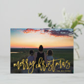 Gold Hand Geschreven kerstfoto Merry Folie Feestdagenkaart (Staand Voorkant)