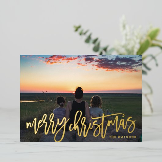 Gold Hand Geschreven kerstfoto Merry Folie Feestdagenkaart (Staand Voorkant)