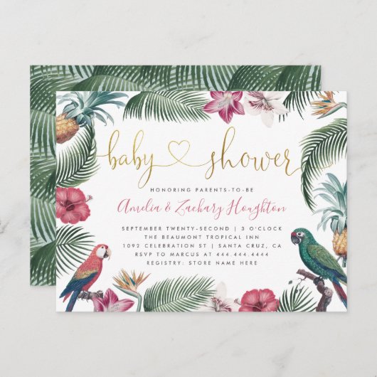 Gold Handwrite Script Tropics Baby shower Uitnodiging Briefkaart (Voorkant / Achterkant)