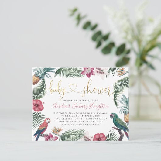 Gold Handwrite Script Tropics Baby shower Uitnodiging Briefkaart (Staand voorkant)