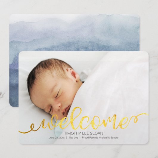 Gold Handwrited Baby Geboortefoto Aankondiging (Voorkant / Achterkant)