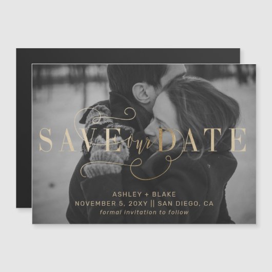 Gold Handwrited Calligraphy Photo Save the Date Magnetische Uitnodiging (Voorkant / Achterkant)