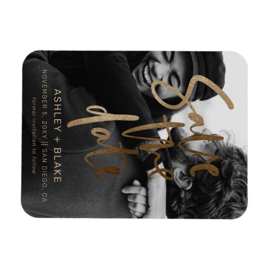 Gold Handwrited Photo Save the Date Magneet (Horizontaal)