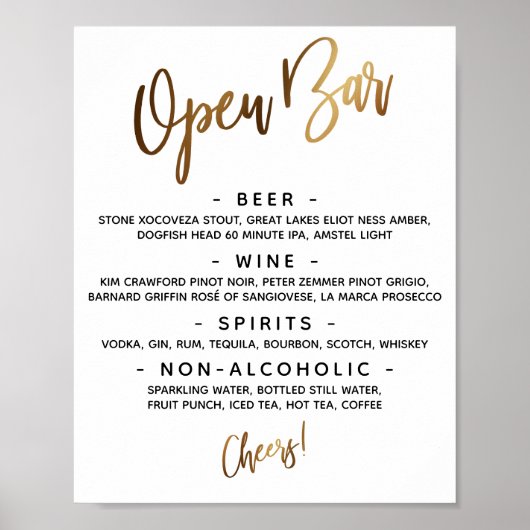 Gold Handwriting Open Bar-menu Poster (Voorkant)