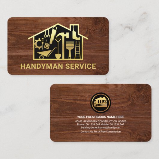 Gold Handyman Tools Home op Timber Grain Visitekaartje (Voorkant / Achterkant)