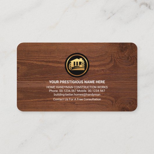 Gold Handyman Tools Home op Timber Grain Visitekaartje (Achterkant)