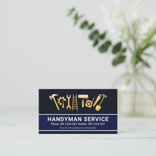 Gold Handyman Tools Home Renovdeling Visitekaartje (Staand voorkant)