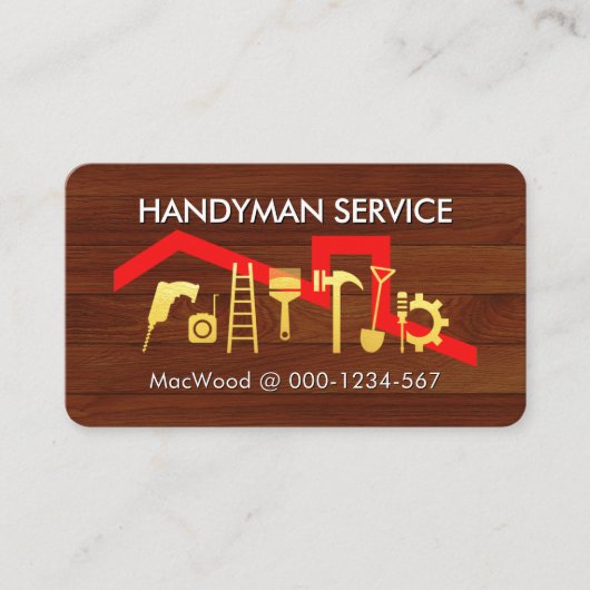 Gold Handyman Tools Icon On Wood Panel Visitekaartje (Voorkant)