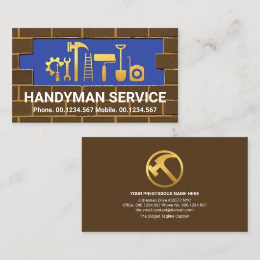 Gold Handyman Tools in Brick Wall Masonry Visitekaartje (Voorkant / Achterkant)