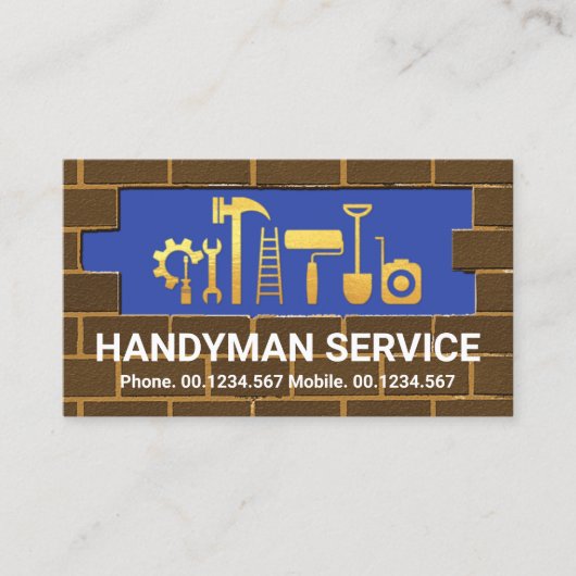 Gold Handyman Tools in Brick Wall Masonry Visitekaartje (Voorkant)