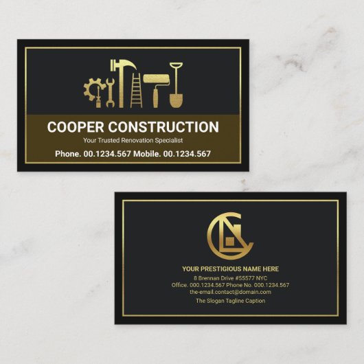 Gold Handyman Tools Letter C Logo, constructie Visitekaartje (Voorkant / Achterkant)