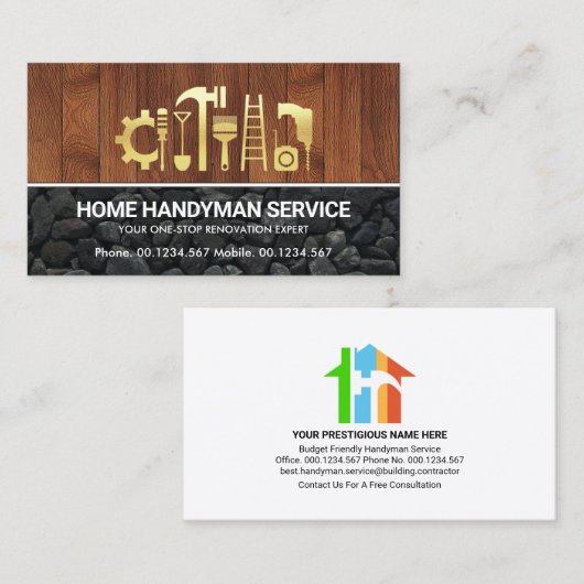 Gold Handyman Tools on Timber Stone Visitekaartje (Voorkant / Achterkant)