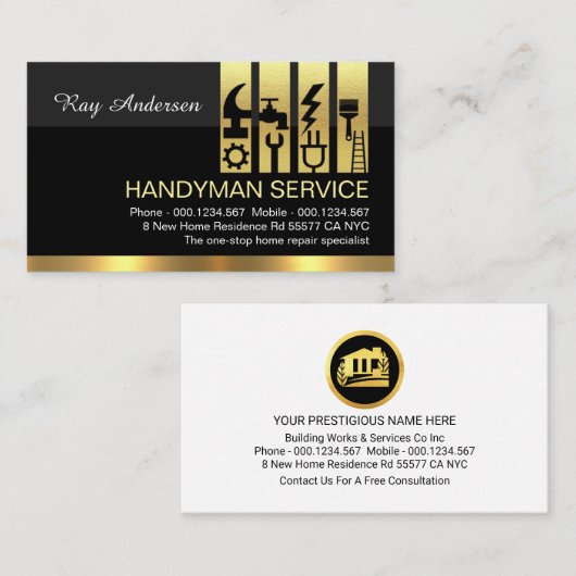Gold Handyman Tools Tab Building Construction Visitekaartje (Voorkant / Achterkant)