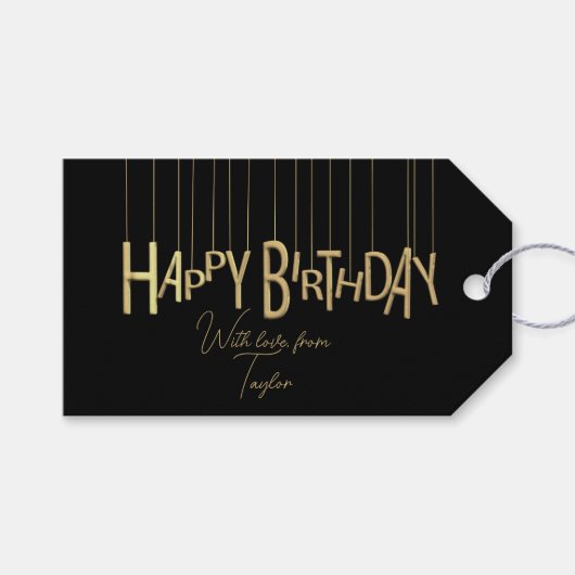 Gold Hanging Lettering in Black Happy Birthday Cadeaulabel (Voorkant (Horizontaal))