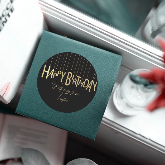 Gold Hanging Lettering in Black Happy Birthday Ronde Sticker