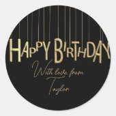 Gold Hanging Lettering in Black Happy Birthday Ronde Sticker (Voorkant)