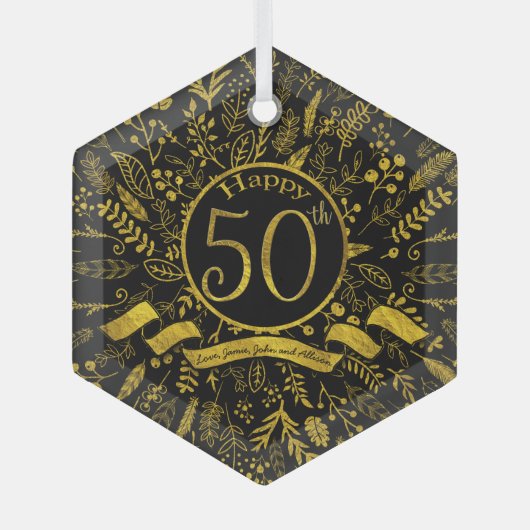Gold Happy 50e bruiloft Jubileum Glas Ornament (Voorkant)
