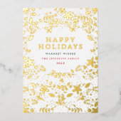 Gold Happy Holiday Florals Folie Holiday Kaart (Voorkant)