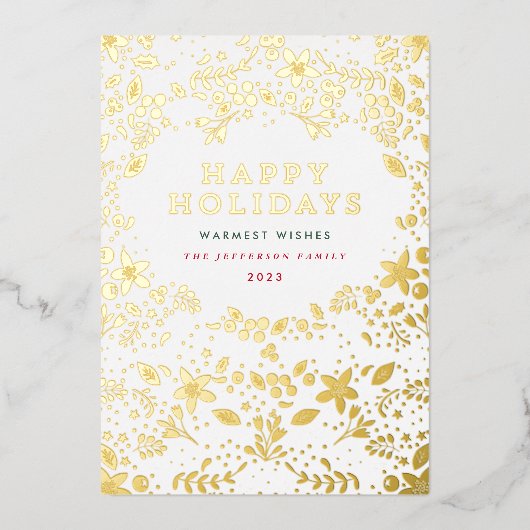 Gold Happy Holiday Florals Folie Holiday Kaart (Voorkant)