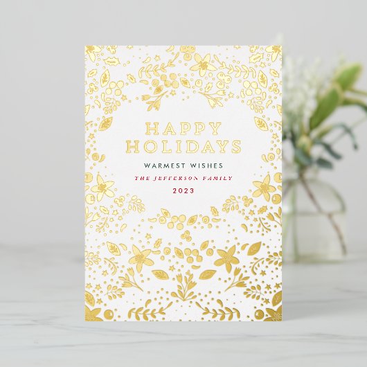 Gold Happy Holiday Florals Folie Holiday Kaart (Staand Voorkant)