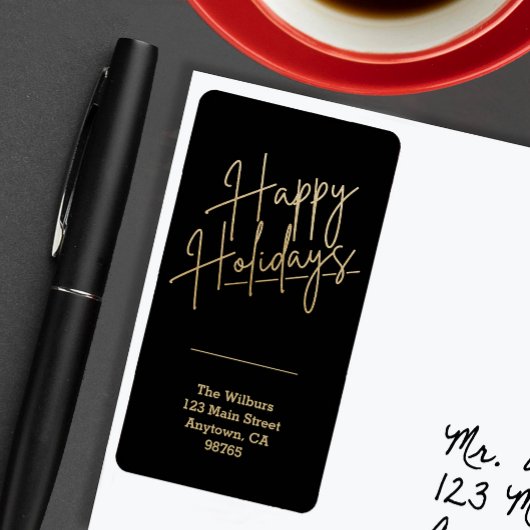 Gold Happy Holidays Black Return Address Etiket