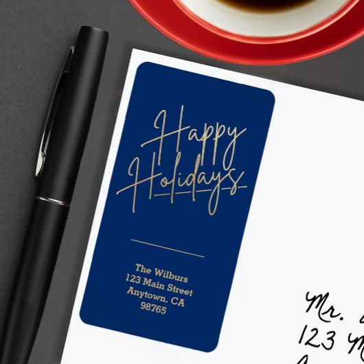 Gold Happy Holidays Blue Return Address Etiket