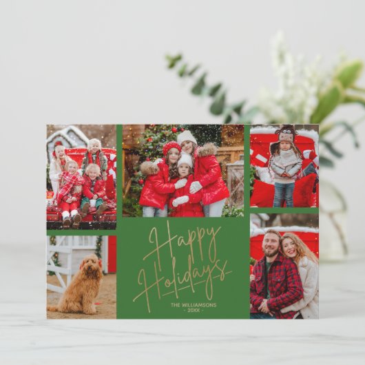 Gold Happy Holidays Five Photos Green Feestdagenkaart (Staand voorkant)