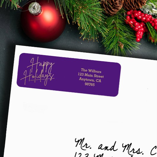 Gold Happy Holidays Purple Return Address Etiket