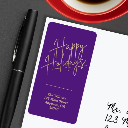 Gold Happy Holidays Purple Return Address Etiket