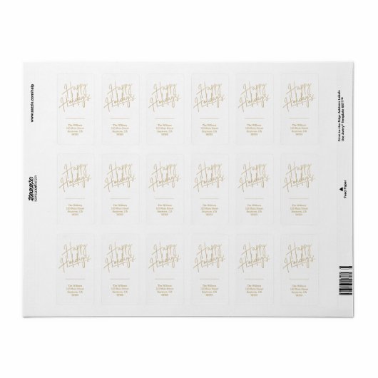Gold Happy Holidays Return Address Etiket (Full Sheet)