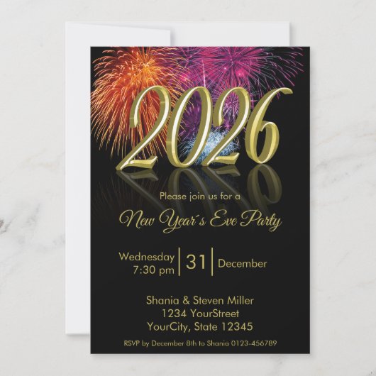 Gold Happy New Year 2026 Fireworks Invitation Kaart (Voorkant)