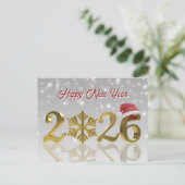 Gold Happy New Year 2026 | Santa Hat and Snowflake Feestdagenkaart (Staand voorkant)