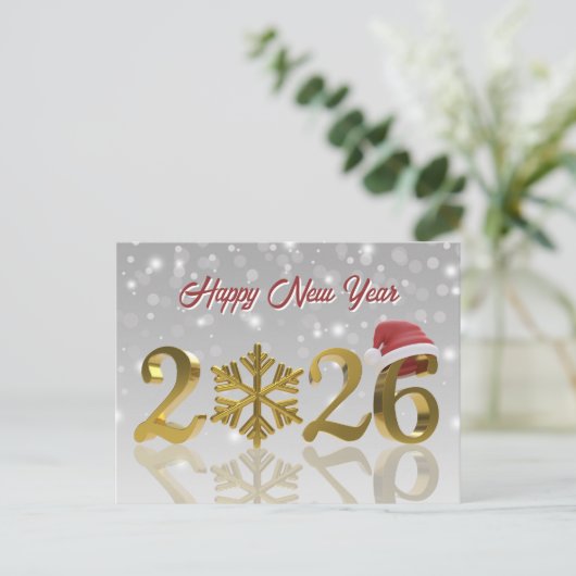Gold Happy New Year 2026 | Santa Hat and Snowflake Feestdagenkaart (Staand voorkant)
