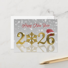 Gold Happy New Year 2026 | Santa Hat and Snowflake Feestdagenkaart