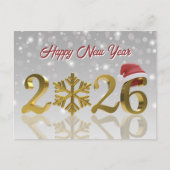 Gold Happy New Year 2026 | Santa Hat and Snowflake Feestdagenkaart (Voorkant)