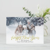 Gold Happy New Year Calligrafie Script 1 Foto Feestdagenkaart (Staand voorkant)