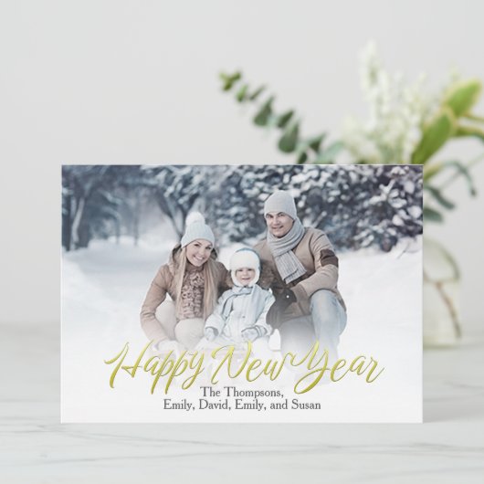 Gold Happy New Year Calligrafie Script 1 Foto Feestdagenkaart (Staand voorkant)