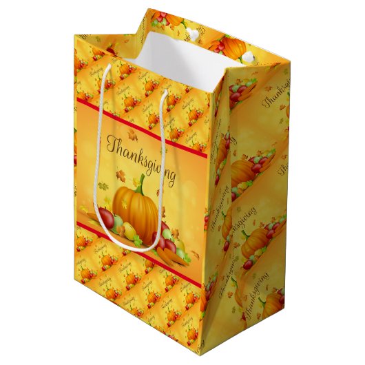 Gold Happy Thanksgiving Herfst Gift Medium Cadeauzakje (Voorkant Gekanteld)