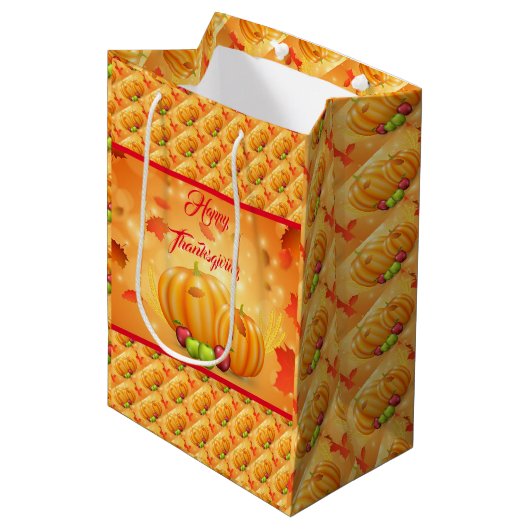 Gold Happy Thanksgiving Herfst Gift Medium Cadeauzakje (Voorkant Gekanteld)