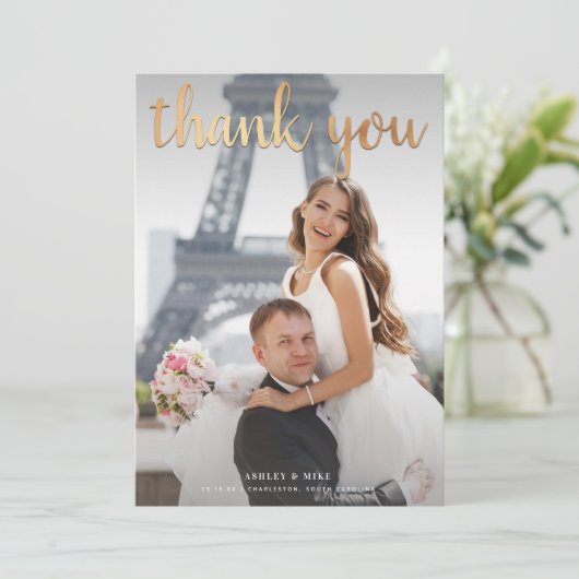 Gold Hartelijk dank 2 zwart-wit fotohuwelijk Bedankkaart (Staand voorkant)