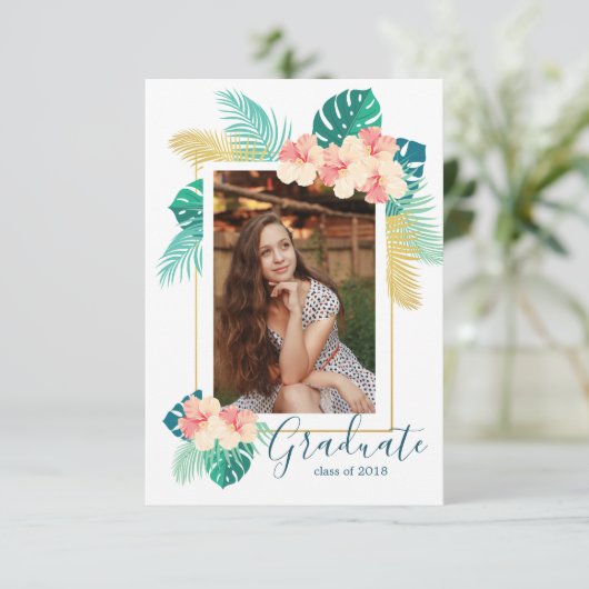 Gold Hawaiian Hibiscus Afstuderen Aankondiging (Staand voorkant)