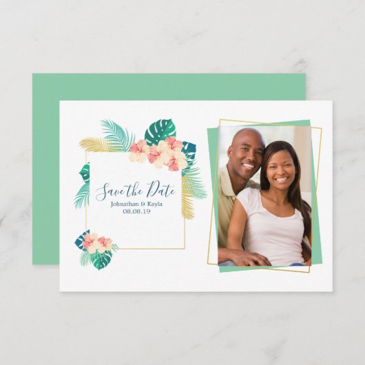 Gold Hawaiian Hibiscus Wedding Save the Date (Voorkant / Achterkant)