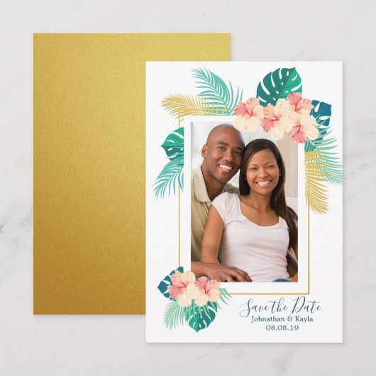Gold Hawaiian Hibiscus Wedding Save the Date (Voorkant / Achterkant)