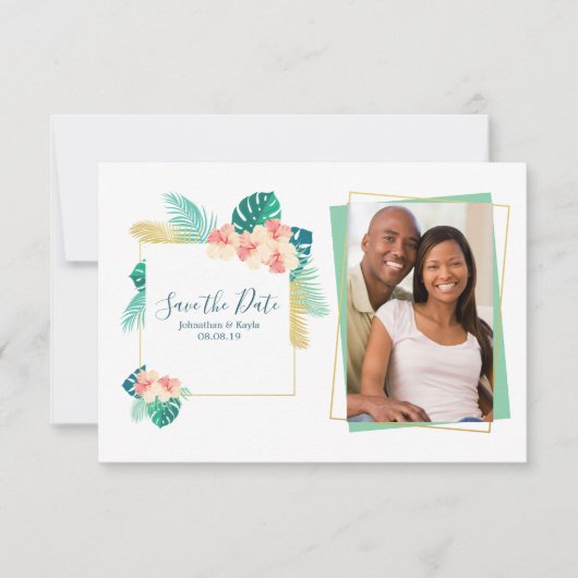 Gold Hawaiian Hibiscus Wedding Save the Date (Voorkant)
