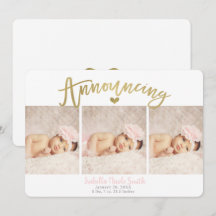 Gold Heart Baby Girl Geboorteaankondiging 3 foto's