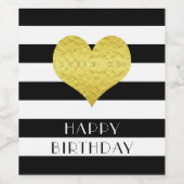 Gold Heart Black White Stripe Happy Birthday Wijn Etiket (Enkel label)