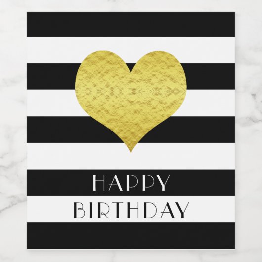 Gold Heart Black White Stripe Happy Birthday Wijn Etiket (Enkel label)