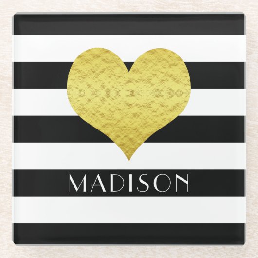 Gold Heart Black White Stripes Pattern Name Glazen Onderzetter (Voorkant)