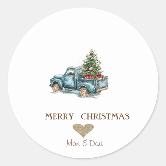 Gold Heart,Blue Truck Pine Trees Christmas Classic Ronde Sticker (Voorkant)